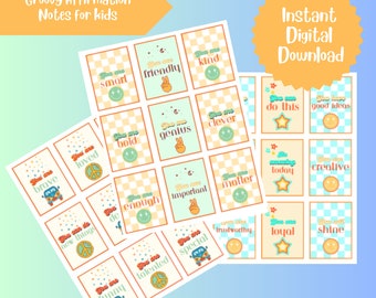 Back to School kids affirmations, school lunch notes, Groovy Retro Lunch Box Notes for Kids, Back to School Notes, Encouragement Notes