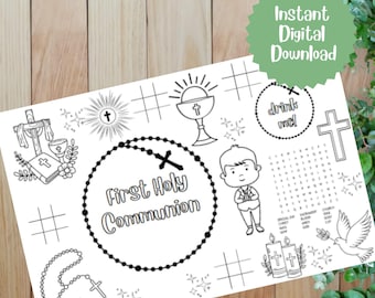 May include: Black and white printable coloring page with a First Holy Communion theme. The page features a boy in a suit, a chalice, a cross, a rosary, and a word search puzzle.