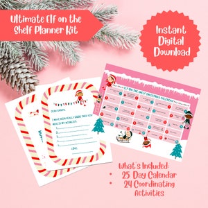May include: Printable Elf on the Shelf Christmas calendar with 25 days of activities. The calendar is pink with a green and white candy cane border. The activities include writing a letter to Santa, making a gingerbread house, and decorating the Christmas tree.