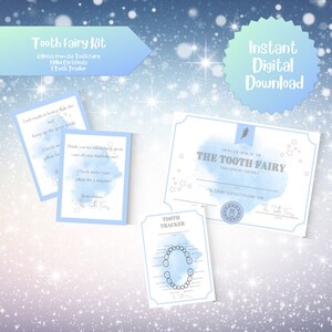 Set mini fatina dei denti stampabile blu, nota fatina dei denti, certificato fatina dei denti