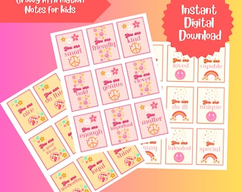 Back to School kids affirmations, school lunch notes, Groovy Retro Lunch Box Notes for Kids, Back to School Notes, Encouragement Notes