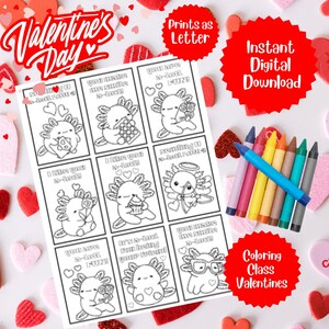 Axolotl Class Valentines, Axolotl Valentine Cards, Class Valentine Printable, Valentine Activity Printable, Coloring Valentine Cards