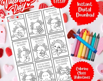 San Valentino di classe Axolotl, biglietti di San Valentino Axolotl, stampabili di classe di San Valentino, attività di San Valentino stampabili, biglietti di San Valentino da colorare