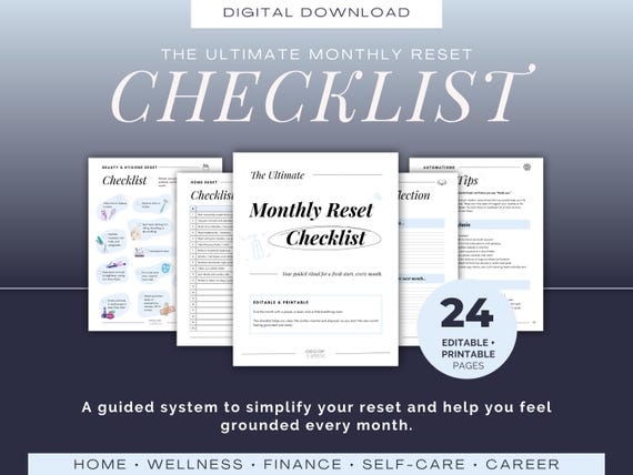 The Ultimate Monthly Reset Checklist | Editable + Printable 24-Page Lifestyle Planner | Self-Care, Organization, Home & Life Admin Reset