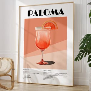 Póster de cóctel Paloma, impresión de Paloma, póster de cóctel, receta de Paloma, decoración de bar, póster vintage, póster de cóctel, póster de receta