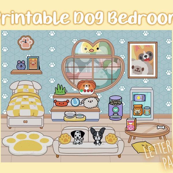 Printable Paper Dog Bedroom, Printable Paper Doll Dog Bedroom, Toca Boca Bedroom, Quiet book, Printable bedroom for paper dolls, Paper Doll