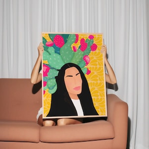 Latina with Nopal Crown, Cactus Head Women, Latina Portrait Print, Latina Wall Art, Printable Latino Art, Mexican Art Print
