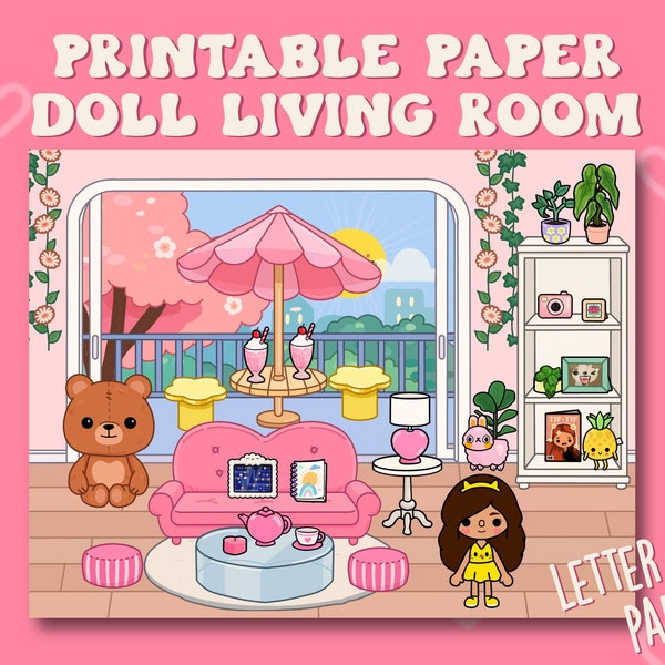 Printable Paper Doll Living Room, Toca Boca Inspired Living Room, Quiet book, Printable bedroom for paper dolls, Paper Doll