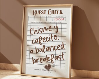 May include: A white guest check with brown text that reads "GUEST CHECK" and "Chisme y cafecito: a balanced breakfast". The check number is 037594.