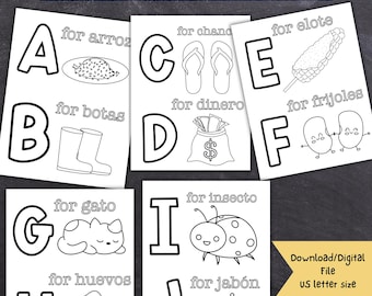 May include: Black and white colouring pages featuring the alphabet letters A through J with Spanish words and illustrations. The words are for arroz, botas, chand, dinero, elote, frijoles, gato, huevos, insecto, and jabón.