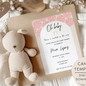 Concha Baby Shower Invite Template, Pan Dulce Baby Shower, Concha Birthday, Canva Baby Shower Invite, Pink Concha, Latino Invite
