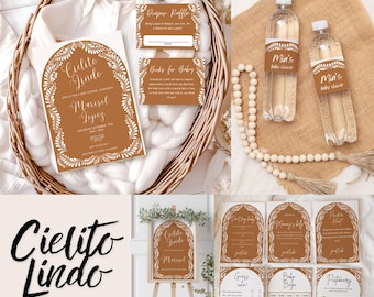 Puede incluir: Un paquete de baby shower con un esquema de color marrón y blanco. El paquete incluye un letrero de bienvenida, invitaciones, etiquetas para botellas de agua y juegos. El texto en el letrero dice "Cielito Lindo" y "Marisol". El texto en las invitaciones dice "Cielito Lindo" y "Marisol Lopez". El texto en las etiquetas de las botellas de agua dice "Min's Baby Shower". Los juegos incluyen "Adivina quién", "Baby Bingo" y "Pictionary".