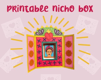 Puede incluir: Caja nicho imprimible con un diseño colorido que incluye un corazón, flores y un retrato de Frida Kahlo. La caja está abierta y tiene una combinación de colores amarillo, rojo y verde.