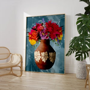 Jarrón de arcilla de Talavera con estampado de flores, decoración botánica mexicana, impresión artística de jarrón mexicano, cocina mexicana