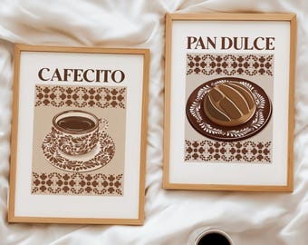 Cafecito and Pan Dulce Printable Wall Art Set, Mexican Kitchen Decor, Cozy Coffee Art, Duo Digital Download