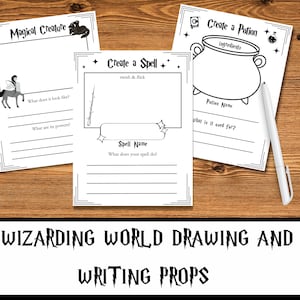 May include: Three printable worksheets for creating magical creatures, spells, and potions. Each worksheet has a black and white illustration and space for writing.