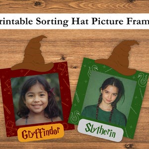 May include: Printable Sorting Hat Picture Frame featuring two photo frames. One frame is red with a Gryffindor label, and the other is green with a Slytherin label. Both frames have a brown Sorting Hat design at the top and include photos of young people.