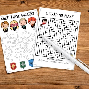 May include: Two printable activity sheets featuring Harry Potter themed games. The first sheet has a maze with instructions to help Harry reach the golden snitch. The second sheet has a sorting hat and four wizards to sort into houses.