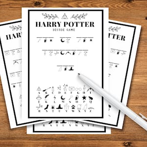 May include: A printable Harry Potter themed decode game. The game features a series of symbols that correspond to letters of the alphabet. Players must decode the symbols to solve the puzzle.