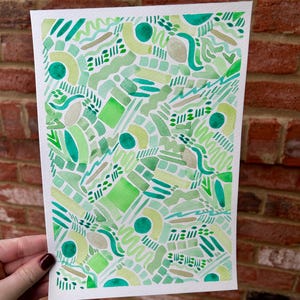 Soft Greens Watercolor, Hand Painted, Faded Blue/Green Shapes, Abstract