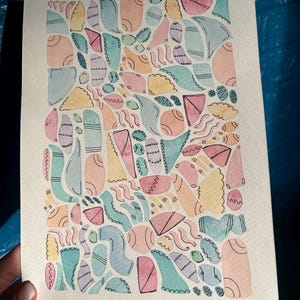 Weiche Pastelle, Abstraktes Aquarell, 200x300, Lebendige Pastelle, Handgemalt, Bunt, Maximalist Kunst, Aquarellkunst, Wohnkultur