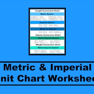 May include: A black and white chart with the title "Metric & Imperial Unit Chart Worksheet". The chart includes conversion tables for length, volume, and weight, with both metric and imperial units.
