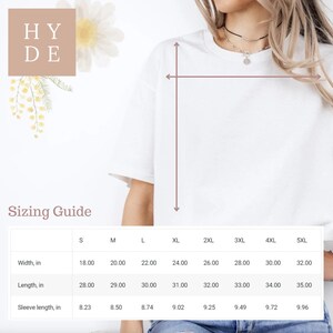 May include: White t-shirt with a sizing guide. The guide shows measurements for width, length, and sleeve length in inches, ranging from size S to 5XL. The text "HY DE" is in a square on the top left.
