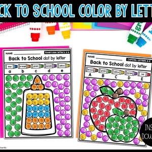 Actividad de color por letra de regreso a la escuela para jardín de infantes / preescolar / actividad de regreso a la escuela / reconocimiento de letras / hojas para colorear
