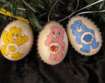 Hand Painted Care Bear Egg Ornament: Funshine, Love a Lot, Grumpy, Real Egg Ornament,  Care Bear Memorabilia gift Christmas Tree Ornament
