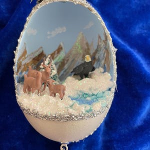 Winter wonderland Christmas tree ornament hand crafted from a real cut goose egg shell. Winter scene diorama ornament, real Holiday egg gift