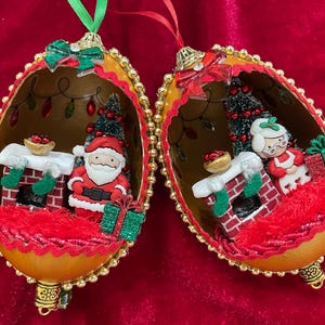 Santa and Mrs. Clause real goose egg Christmas tree Holiday hanging ornament. Hand crafted goose egg Christmas diorama ornament. Holiday egg