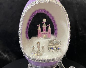 Fairytale Castle Goose Egg Christmas Ornament: Hand-Cut Fairytale Decor, Real goose egg ornament diorama, Carved egg. Dreamland ornament