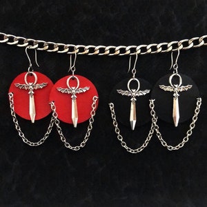 Faux Leather Lady Evil Sword & Chain Earrings