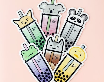 Boba Addict – Animal x Bubble Tea Vinyl Die Cut Stickers – Cute Gift, Waterproof, Cute Stationary, Journal, Planner, Laptop