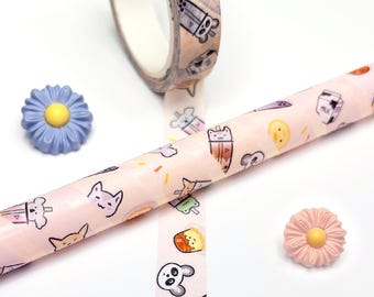Boba Addict Washi tape with cute animal mascots (Kitty, Shiba, Froggy, Ducky, Koala, Panda) and bubble tea toppings