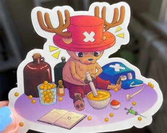 May include: A sticker featuring a cartoon character with a red hat and antlers, mixing ingredients in a mortar and pestle. The sticker has a purple background with various bottles, pills, and a medical kit.