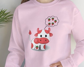 Strawberry Cow Sweatshirt, Kawaii Milk Design, Unisex Crewneck