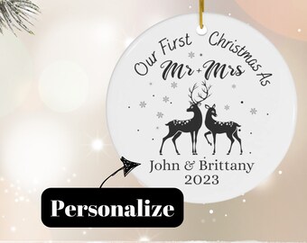 Adorno personalizado de pareja de ciervos, regalo para la primera Navidad o para bodas.