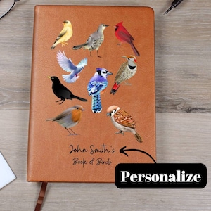 Personalized Bird Watcher Leather Journal, Book of Birds Customized Notebook, Note Keeping Personalized Journal for Women and Men Gifts