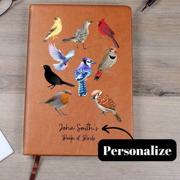 Personalized Bird Watcher Leather Journal, Book of Birds Customized Notebook, Note Keeping Personalized Journal for Women and Men Gifts