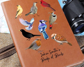 Personalized Bird Watcher Leather Journal, Book of Birds Customized Notebook, Note Keeping Personalized Journal for Women and Men Gifts