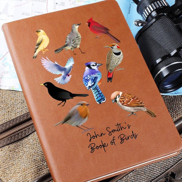 Personalized Bird Watcher Leather Journal, Book of Birds Customized Notebook, Note Keeping Personalized Journal for Women and Men Gifts