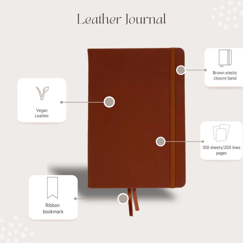 May include: A brown vegan leather journal with a ribbon bookmark and a brown elastic closure band. The journal has 100 sheets or 200 lined pages.
