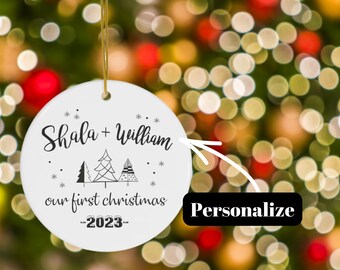 Personalized Ceramic First Christmas Ornament, Newlywed Gift