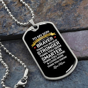 To My Strong, Brave Son Dog Tag Love Mom, Son Birthday, Son Mom Gifts, Son Necklace Gift, Birthday Gift for Son, Love Mom gift, Jewelry Gift