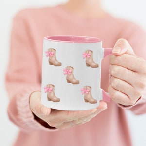 Coquette Cowboy Boot and Pink Bow Mug, 11 oz. White Mug, Cute Mugs Aesthetic, Teenage Girl Gifts, Feminine Mug, Cute Mug Gifts, Cowboy Boots