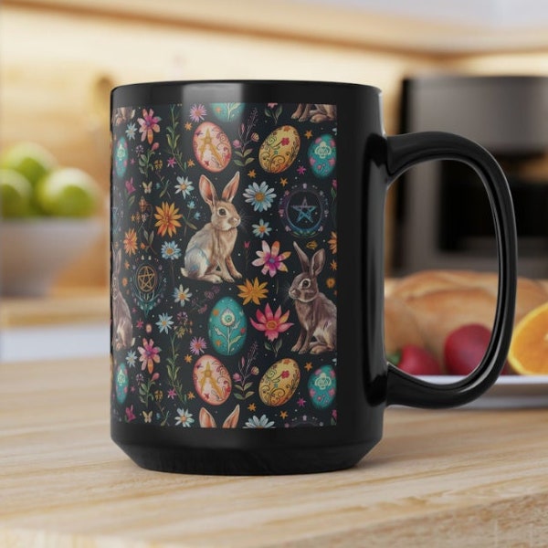 Ostara Black Mug, Wheel of the Year Mug, Pagan Mug, Ostara Gift, Spring Equinox Mug, Gift for Witches