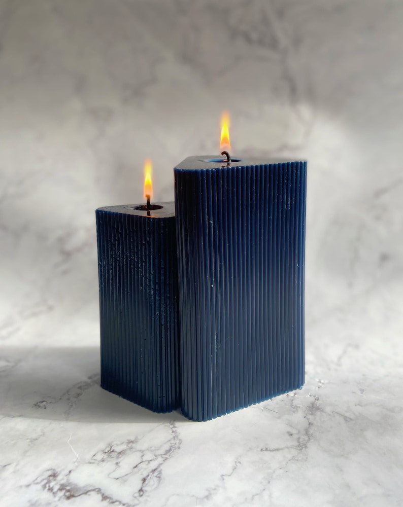 Triangle Navy Blue Beeswax Pillar Candle Prism Handmade Candle Home Decor Unscented Beeswax Colored Candle Decorative Candle image 1