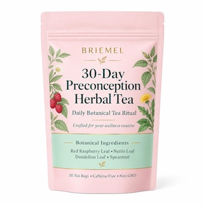 May include: A light pink pouch of Briemel 30-Day Preconception Herbal Tea. The label features botanical illustrations of raspberries and dandelions, listing ingredients like red raspberry leaf, nettle leaf, dandelion leaf, and spearmint.