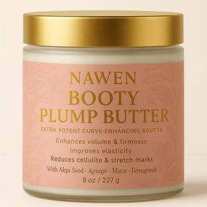 Può includere: Un barattolo di "NAWEN BOOTY PLUMP BUTTER" con coperchio dorato. L'etichetta rosa presenta testo dorato, che descrive i benefici come l'aumento del volume e la riduzione della cellulite. Contiene 227 g di prodotto.